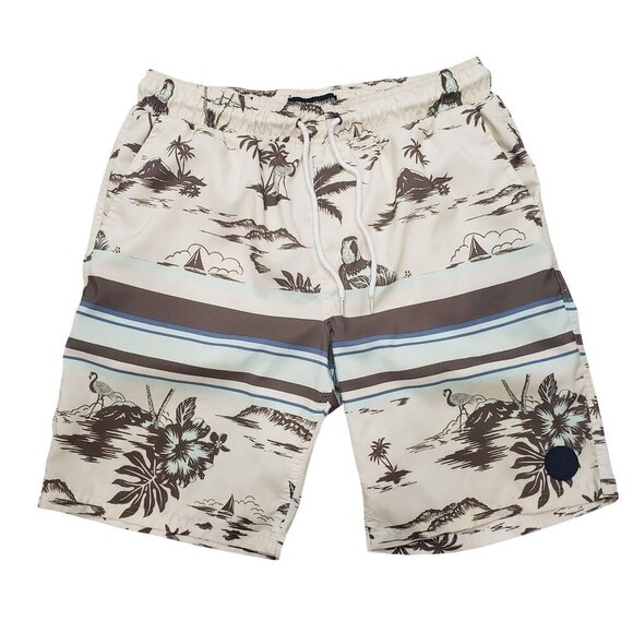 Surf Mentality Mens XL Swim Trunks Shorts Lined Drawstring Tropical Beige Brown - Picture 1 of 11